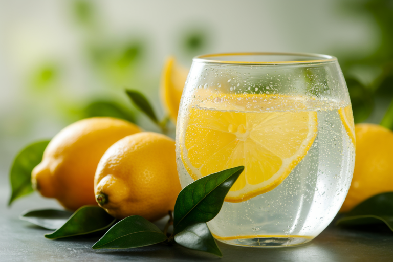 verre-transparent-jus-citron-gouttes-feuilles