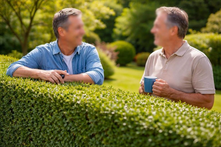 voisins-discutant-haie-jardin-ensoleille