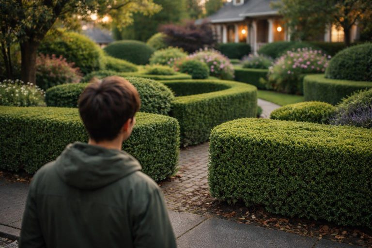 jardin-luxuriant-personne-observant-haies