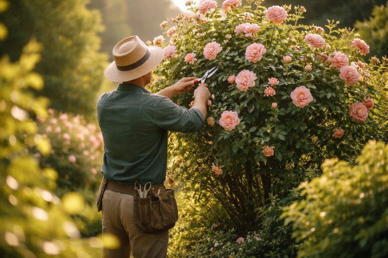 jardinier-taillant-rosier-en-fleurs