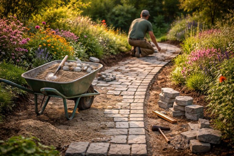allee-jardin-paves-brouette-fleurs