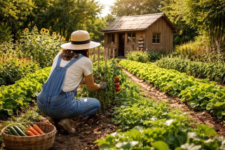 personne-potager-chapeau-cabane-legumes